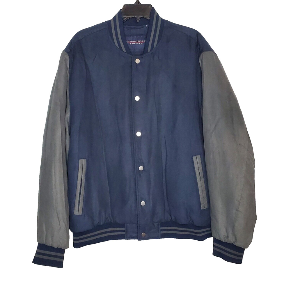 Roundtree & Yorke Mens SZ XL Blue Gray Varsity Jacket Bomber Quilted Insulated
